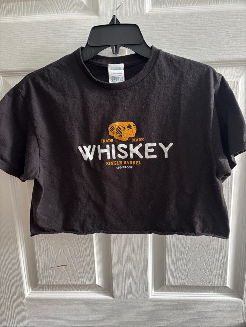Fruit of the Loom Black Whiskey Graphic Crop Tee with Gold Barrel